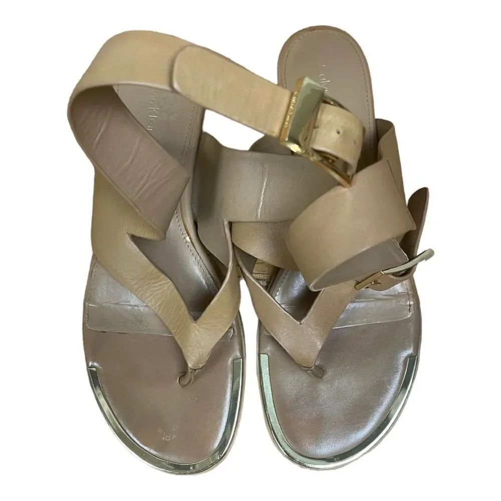 Calvin Klein Beige Leather Gladiator Thong Sandals Ankle Strap Size 10